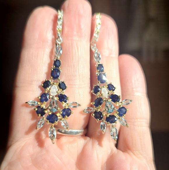 Sapphire Topaz & Moonstone ornate sterling & gold earrings - Picture 5 of 8